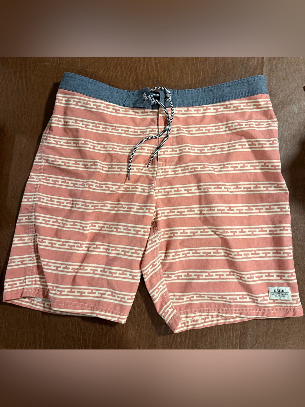 Katin Coral & White Stripe Board Shorts with Blue Waistband